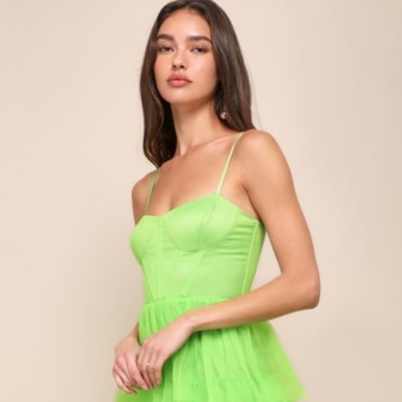 Lulus Rule the Runway Lime Green Tulle Bustier Straps Prom Tiered Maxi Dress M/L - Picture 2 of 15